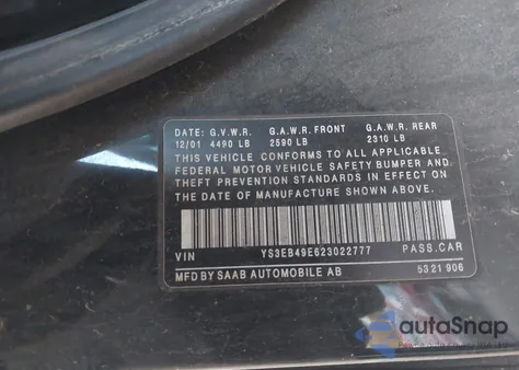 2000 Saab 9-5 2.3T from USA, damaged, VIN YS3ED45E3Y3069550